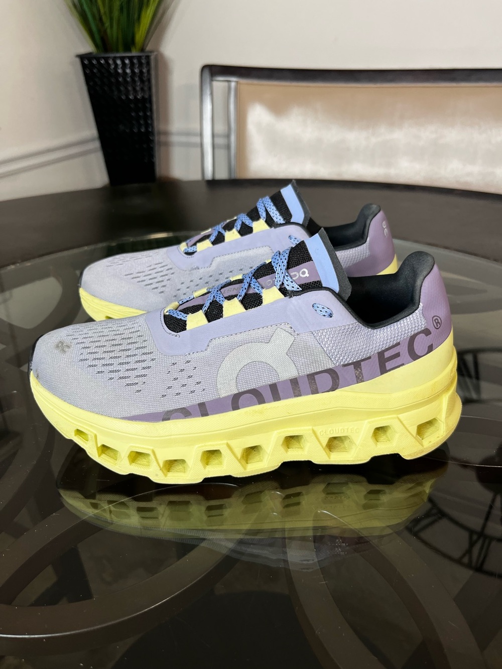 On Cloudmonster Nimbus Hay Purple Green Running Shoes Womens Sz 9